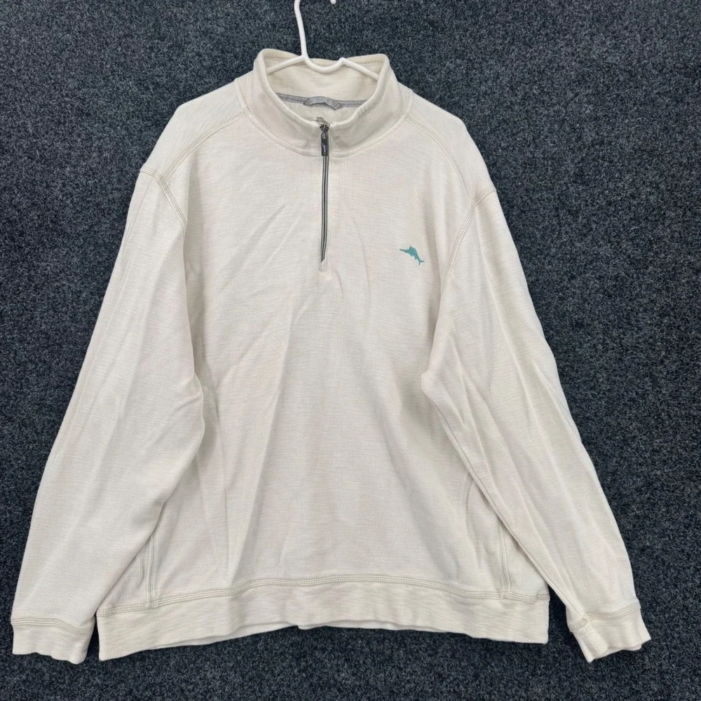 Tommy Bahama Mens 3XL Cream Pima Cotton Tencel 1/4 Zip Pullover Sweater Marlin